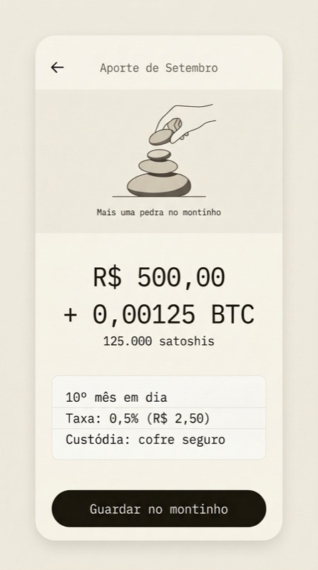 Tela de aporte: o valor em reais, quanto ele virou em bitcoin e satoshis, a taxa e onde fica a custódia.